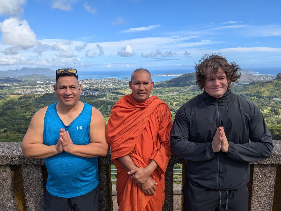 Michael and Jawson at the Pali Lookout with a visiting Buddhist monk
