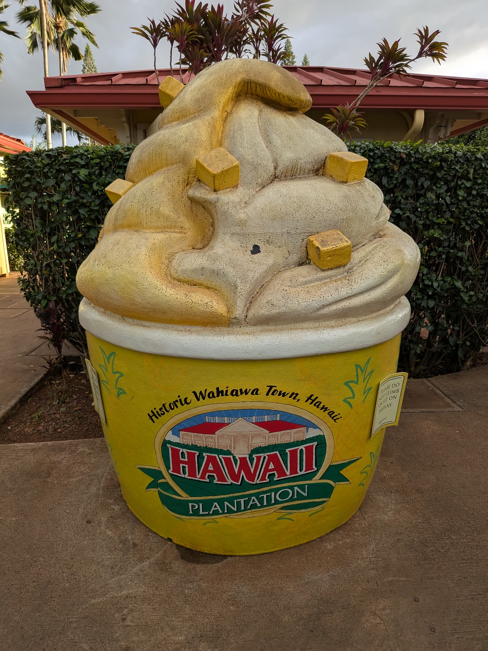 Giant Dole Whip statue at Dole Plantation, November 2025