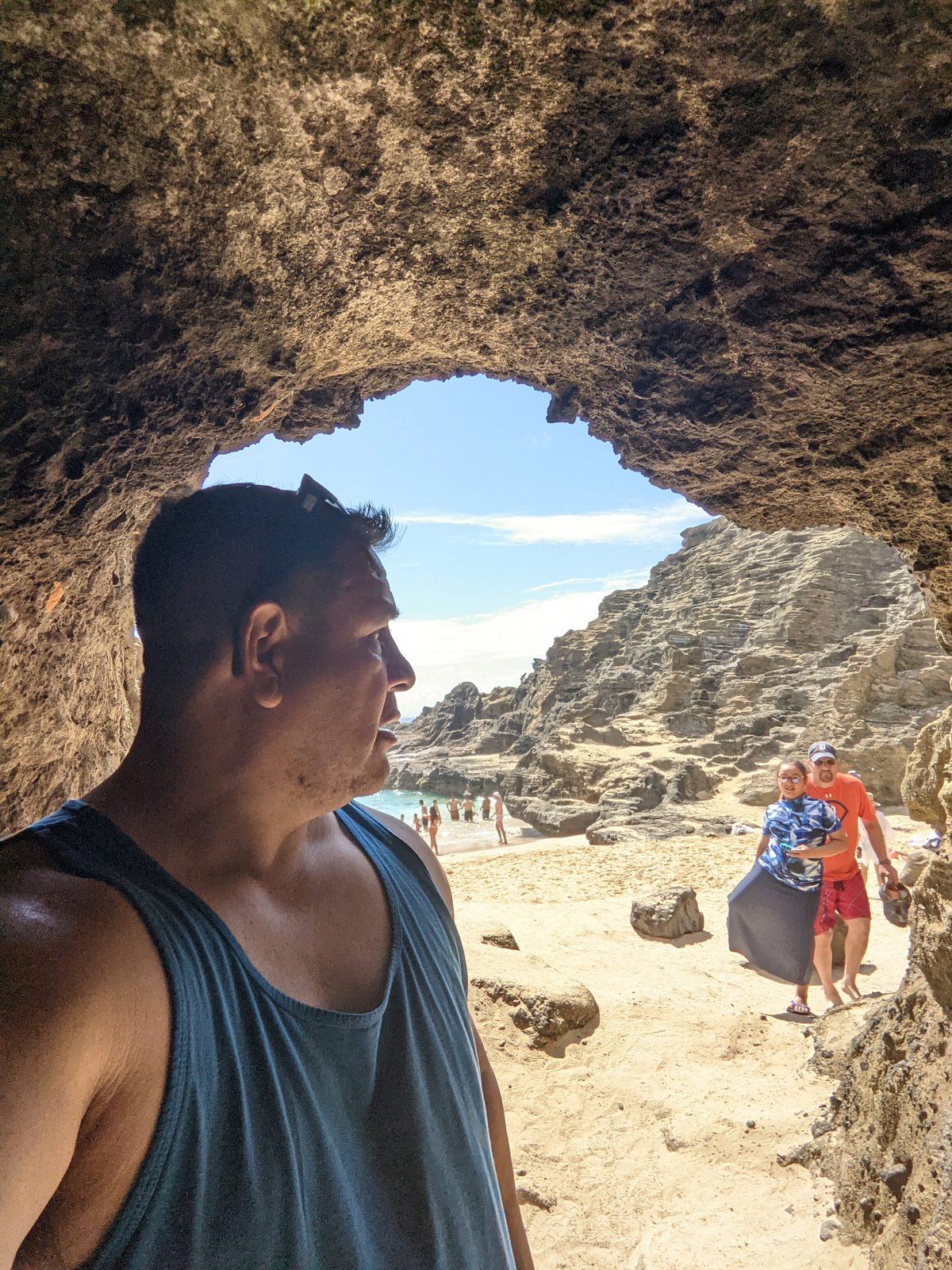 Inside the Halona lava tube, looking out toward Halona Cove, May 2021