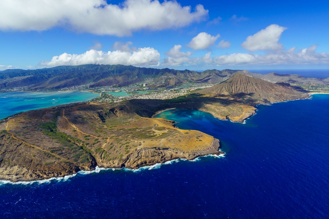 Oahu coastline aerial with island and bay