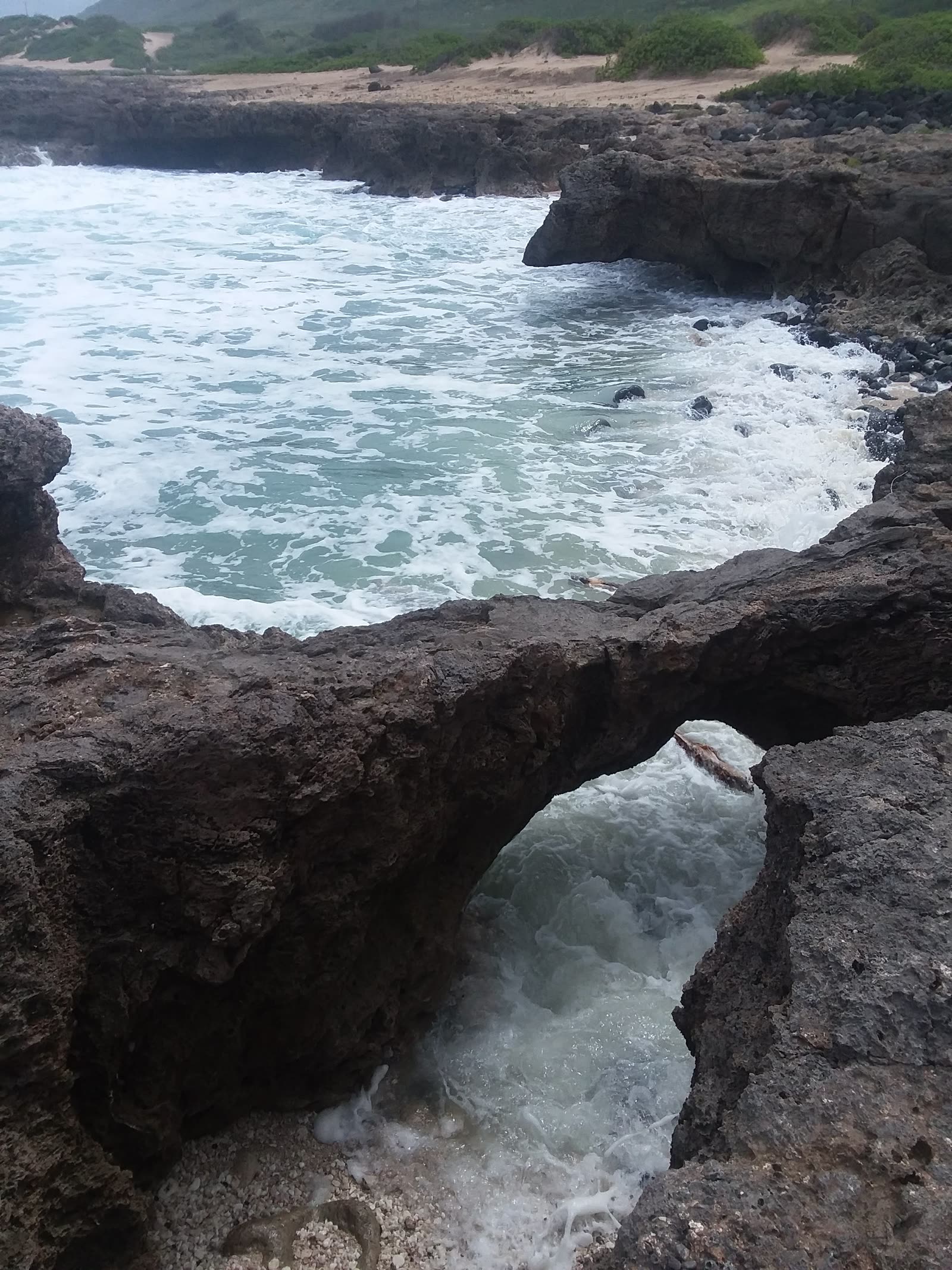 Rock arch with surf at Ka’ena Point, March 2018