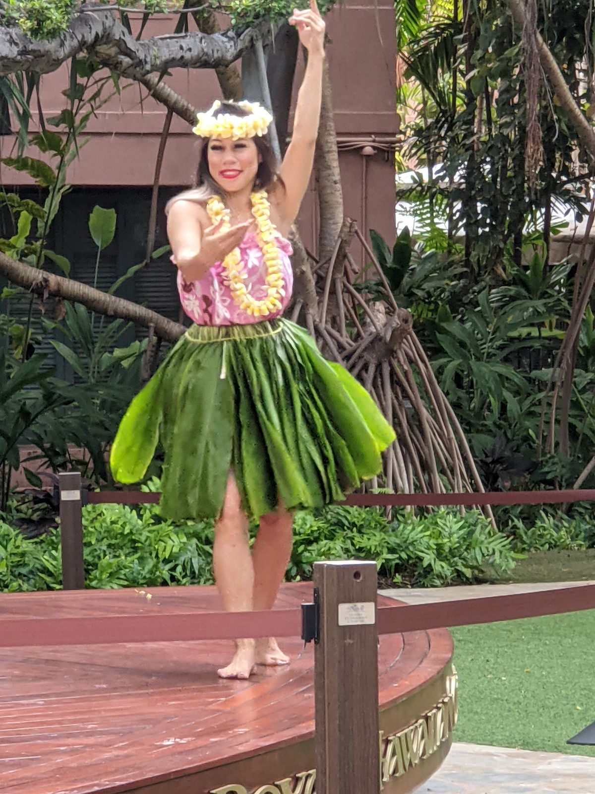 A hula dancer performing on the Royal Grove stage at Royal Hawaiian Center, June 2021
