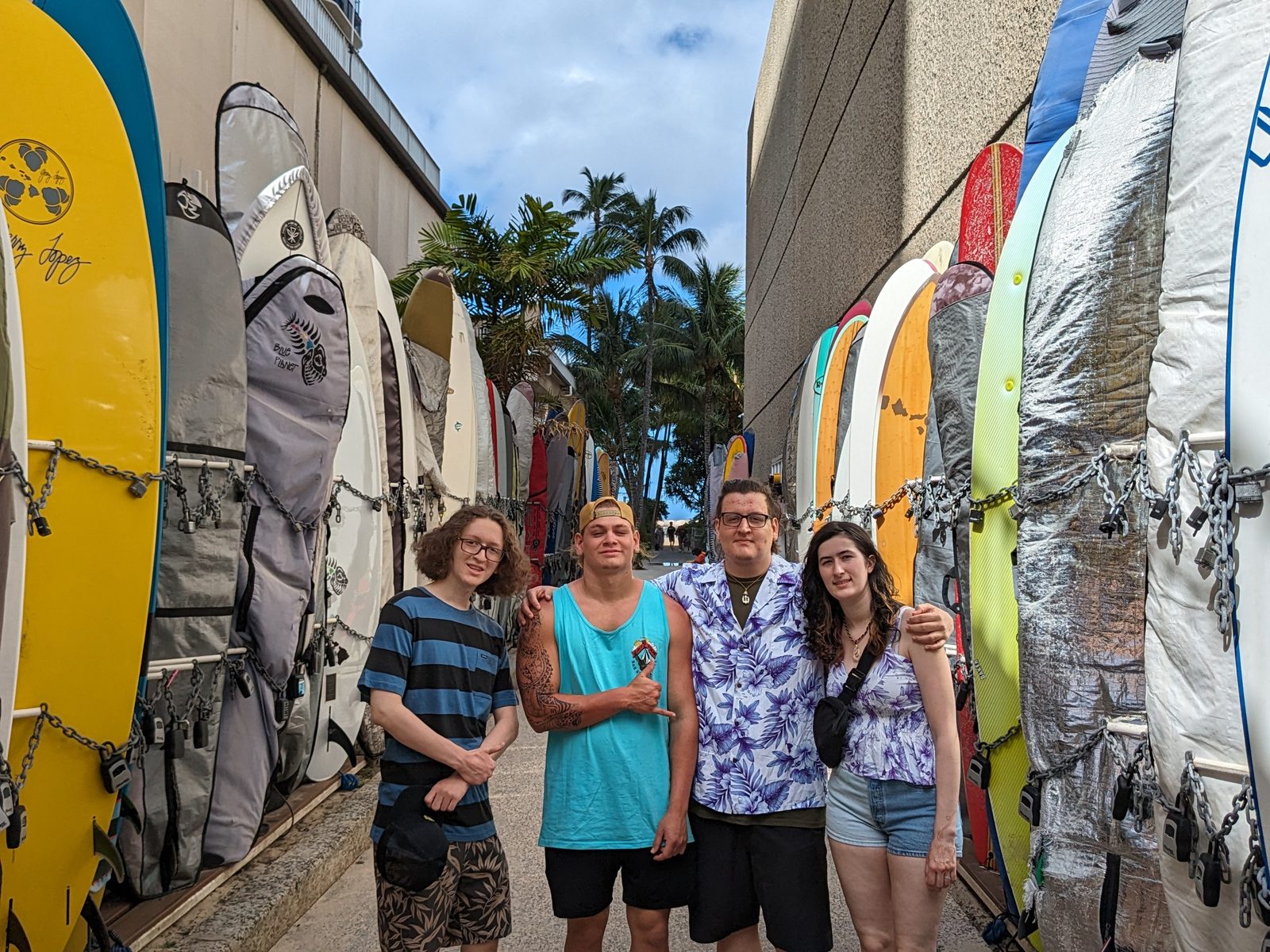Surfboards racked in the locker alley off the Waikiki Boardwalk